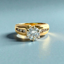 Load image into Gallery viewer, Kaimana Tapered 6mm Old English Ring with 6.4mm Cubic Zirconia &amp; Diamonds in 14K Yellow Gold in size 7 1/8
