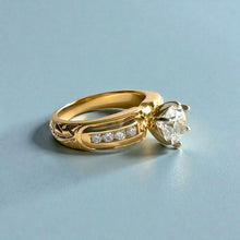 Load image into Gallery viewer, Kaimana Tapered 6mm Long Leaf Maile Ring with 6.4mm Cubic Zirconia &amp; Diamonds in 14K Yellow Gold in size 7
