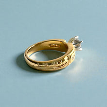 Load image into Gallery viewer, Kaimana Tapered 6mm Long Leaf Maile Ring with 6.4mm Cubic Zirconia &amp; Diamonds in 14K Yellow Gold in size 7
