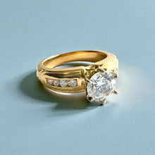 Load image into Gallery viewer, Kaimana Tapered 6mm Long Leaf Maile Ring with 6.4mm Cubic Zirconia &amp; Diamonds in 14K Yellow Gold in size 7
