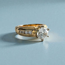 Load image into Gallery viewer, Kaimana Tapered 6mm Plumeria with Leaves Ring with 6.4mm Cubic Zirconia &amp; Diamonds in 14K Yellow Gold in size 6 1/2
