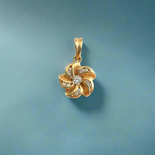 Small Plumeria with Diamonds Pendant in 14K Yellow Gold