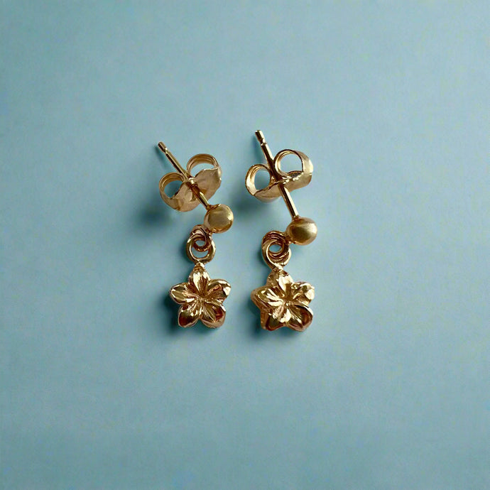 Mini Plumeria Dangle Earrings with Post in 14K Yellow Gold
