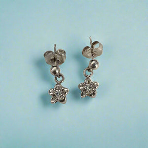 Mini Plumeria with Diamond Dangle Earrings with Post in 14K White Gold