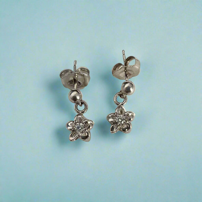 Mini Plumeria with Diamond Dangle Earrings with Post in 14K White Gold