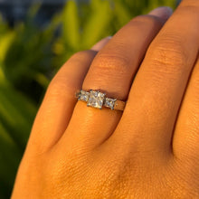 Load image into Gallery viewer, Malama Old English Flat Ring with Princess Cut Cubic Zirconia and Diamonds in 14K White Gold in size 5 1/2
