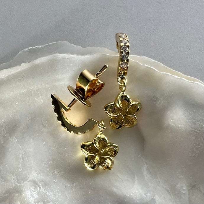 18K Yellow Gold Half Hoop Earrings w/ 18K Green Gold Dangle Plumeria Flowers
