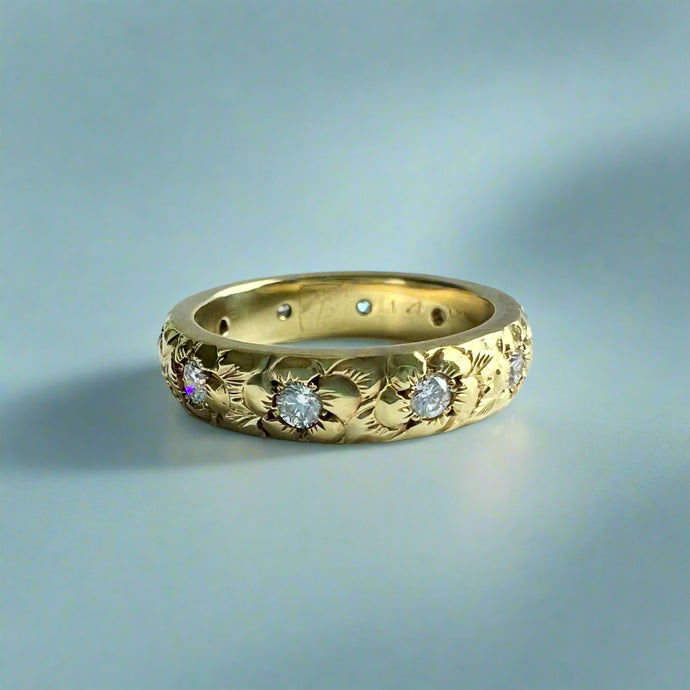 Plumeria w/Leaves & Diamonds 4mm Ring in 14K Green Gold