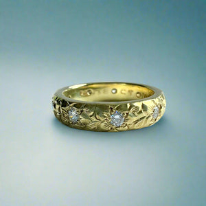 Hibiscus with Leaves & Diamonds 4mm Ring in 14K Green Gold