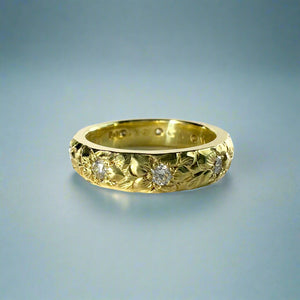 Hibiscus with Leaves & Diamonds 4mm Ring in 14K Green Gold