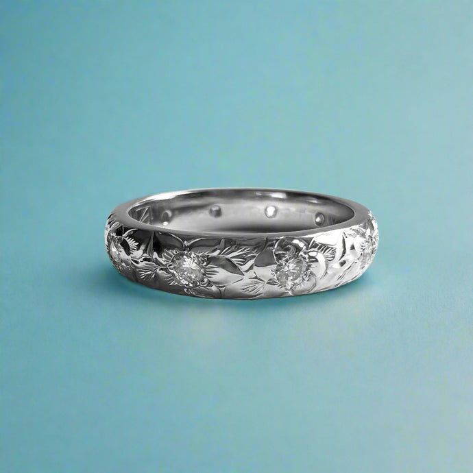 Hibiscus & Plumeria with Leaves & Diamonds 4mm Ring in 14K White Gold