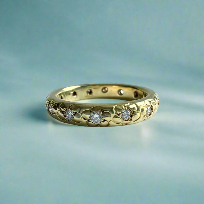 Plumeria All Around w/ Diamonds 3mm Ring in 14K Green Gold