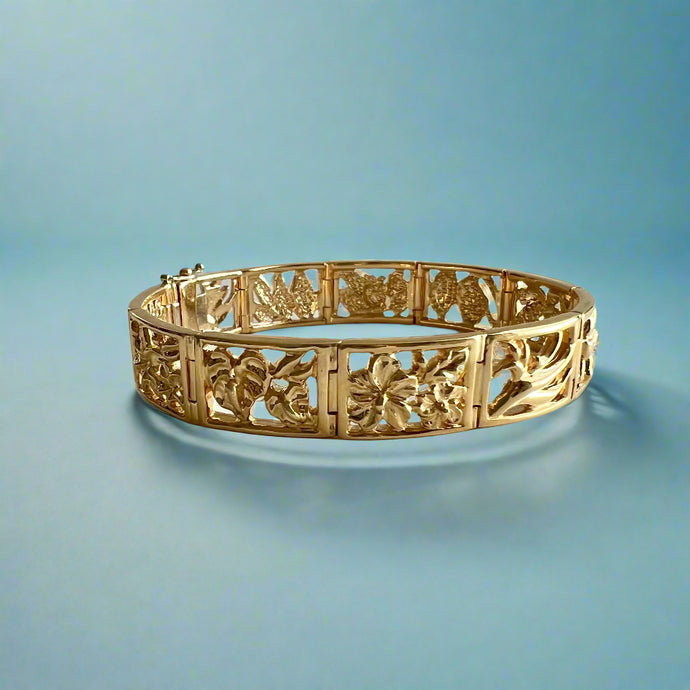Flowers of Hawaii 12mm Filigree Link Bracelet in 14K Yellow Gold