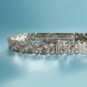 8mm Raised "Kuuipo" Hawaiian Plumeria Link Bracelet in 14K White Gold