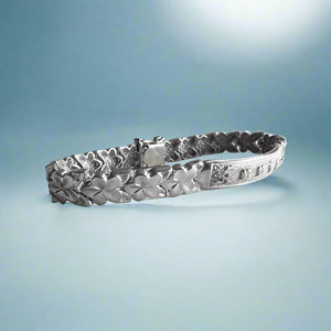 8mm Raised "Kuuipo" Hawaiian Plumeria Link Bracelet in 14K White Gold