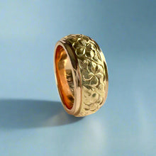 Load image into Gallery viewer, Two-Tone Plumeria with Leaves 8mm Ring in 14K Pink &amp; Yellow Gold Size 6 5/8
