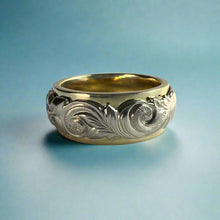 Load image into Gallery viewer, Two-Tone Scalloped Top Old English &amp; Hibiscus 8mm Ring in 14K Green &amp; White Gold
