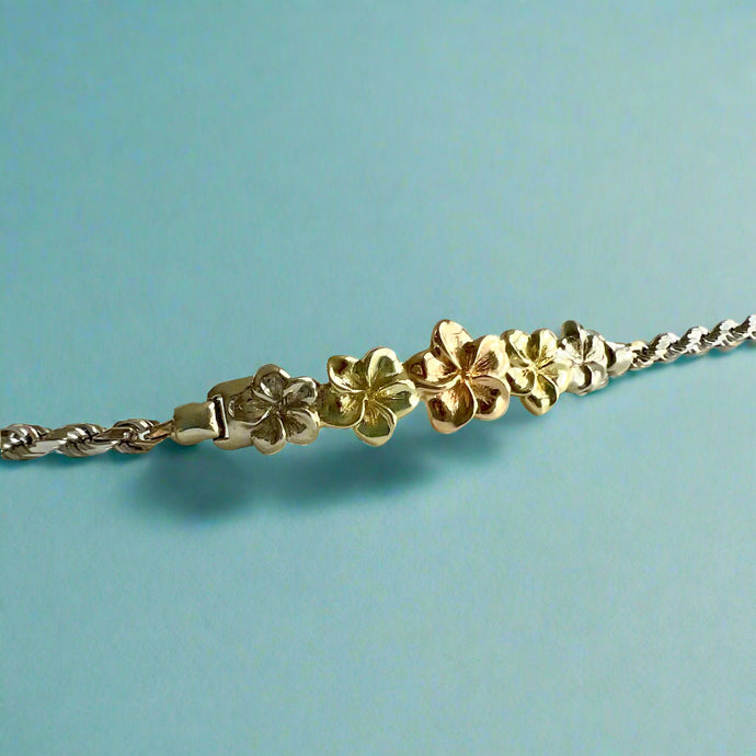 Tri-Color Five Plumeria Hawaiian ID Bracelet in 14K Gold