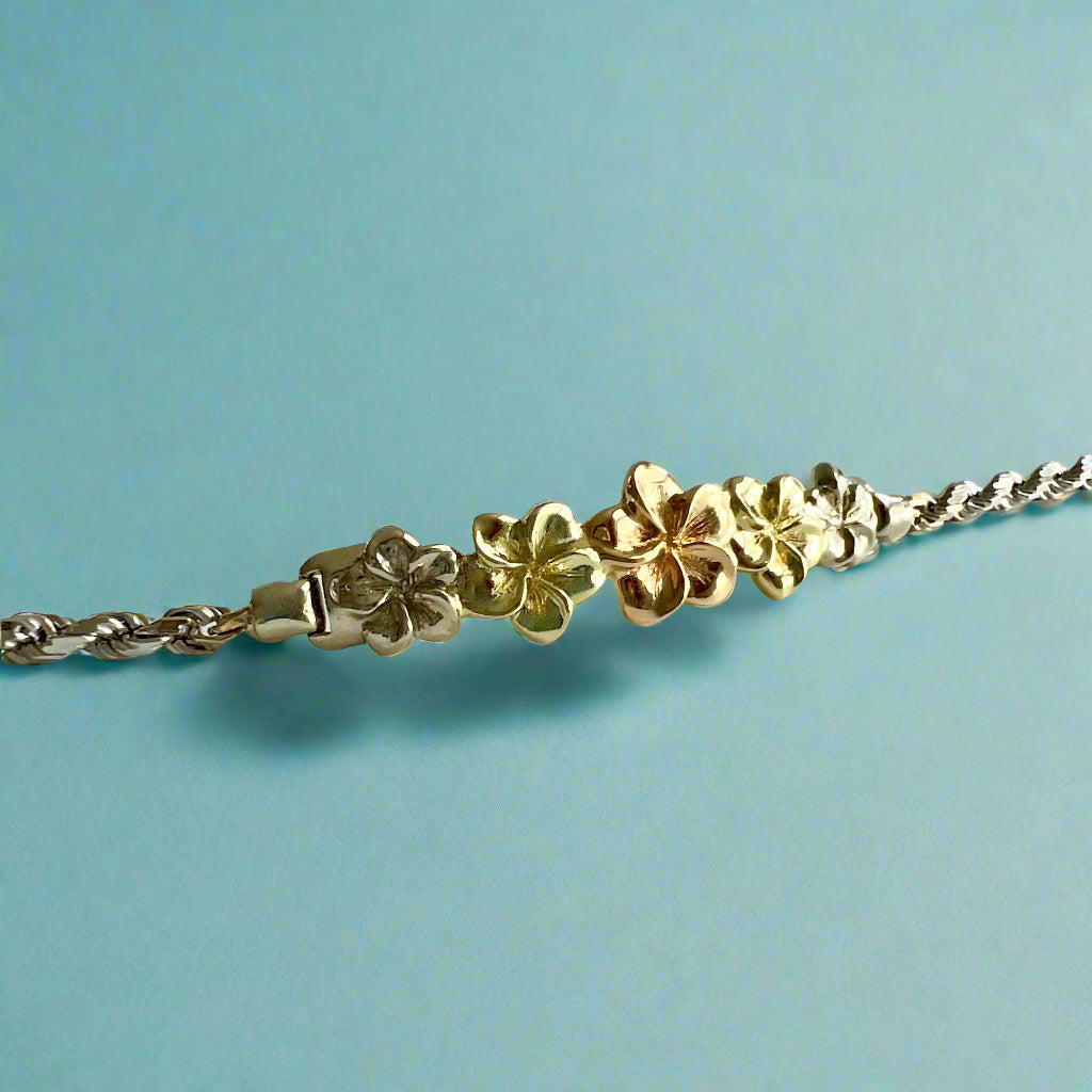 Tri-Color Five Plumeria Hawaiian ID Bracelet in 14K Gold
