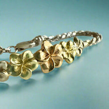 Load image into Gallery viewer, Tri-Color Five Plumeria Hawaiian ID Bracelet in 14K Gold
