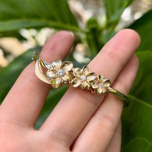 Three Diamond Plumeria Hawaiian Bracelet w/ Hinge & Clasp w/Safety Lock in 14K Yellow Gold