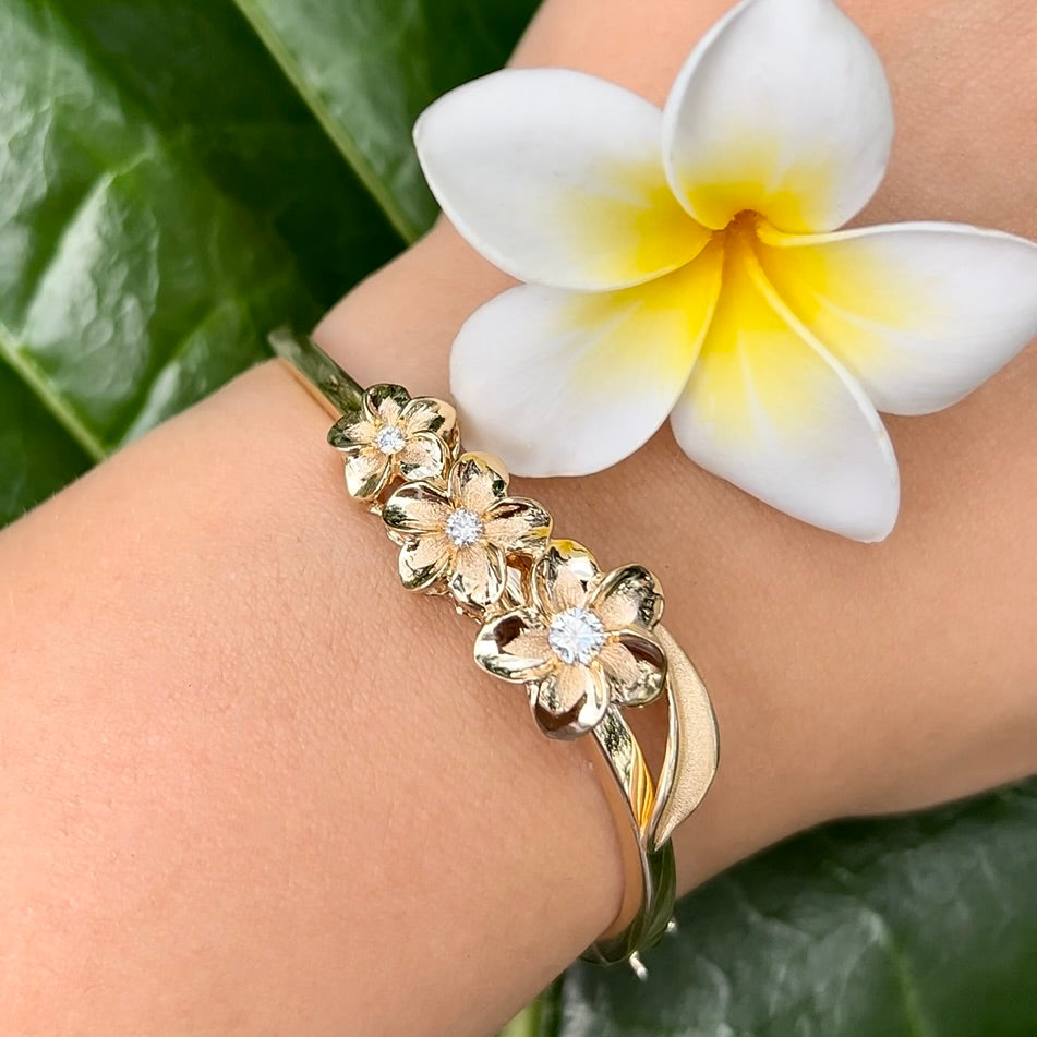 Three Diamond Plumeria Hawaiian Bracelet w Hinge Clasp in 14K Yellow Gold