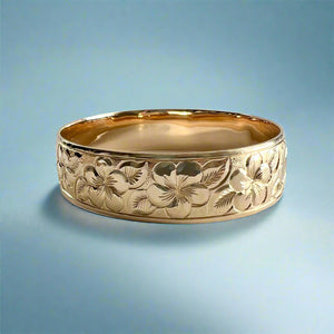 Plumeria with Leaves 15mm Hawaiian Bangle Bracelet in 14K Yellow Gold