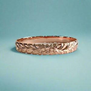 Scalloped Shiny Maile, Plumeria & Hibiscus 10mm Hawaiian Bangle Bracelet in 14K Pink Gold