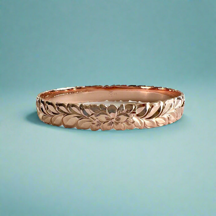 Scalloped Shiny Maile, Plumeria & Hibiscus 10mm Hawaiian Bangle Bracelet in 14K Pink Gold