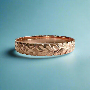 Scalloped Shiny Maile, Plumeria & Hibiscus 10mm Hawaiian Bangle Bracelet in 14K Pink Gold