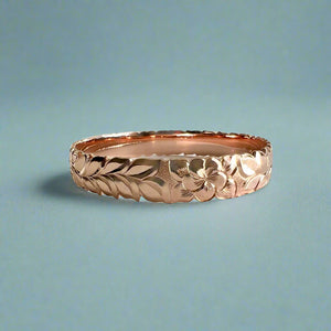 Scalloped Shiny Maile, Plumeria & Hibiscus 10mm Hawaiian Bangle Bracelet in 14K Pink Gold