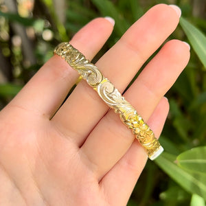 Scalloped Old English Hibiscus 8mm Hawaiian Bangle in 14K Yellow Gol