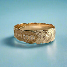 Load image into Gallery viewer, Scalloped 18mm Old English &amp; Plumerias Raised Diamond &quot;Kuuipo&quot; Hawaiian Bangle Bracelet in 14K Yellow Gold
