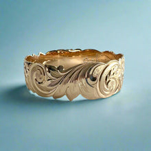Load image into Gallery viewer, Scalloped 18mm Old English &amp; Plumerias Raised Diamond &quot;Kuuipo&quot; Hawaiian Bangle Bracelet in 14K Yellow Gold
