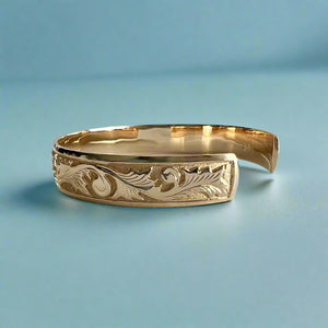 Raised Old English 12mm "Kuuipo" Hawaiian Cuff Bracelet in 14K Yellow Gold
