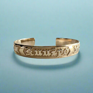 Raised Old English 12mm "Kuuipo" Hawaiian Cuff Bracelet in 14K Yellow Gold