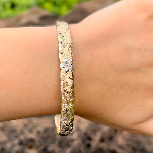 Two-Tone Plumeria & Hibiscus 8mm Hawaiian Bangle in 14K Yellow & White Gold