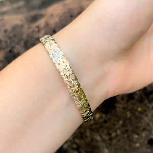 Two-Tone Plumeria & Hibiscus 8mm Hawaiian Bangle in 14K Yellow & White Gold