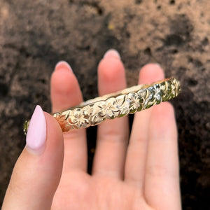 Two-Tone Plumeria & Hibiscus 8mm Hawaiian Bangle in 14K Yellow & White Gold