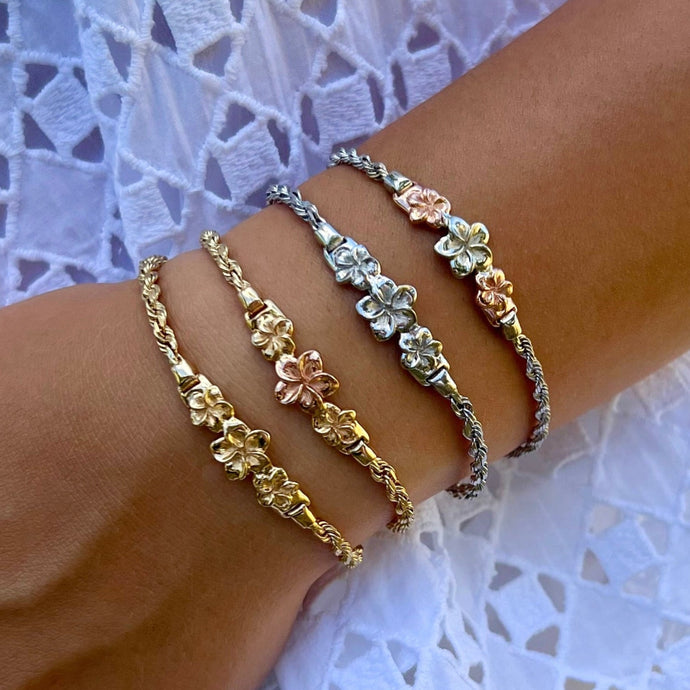 Three Plumeria Hawaiian ID Bracelets in 14K Gold