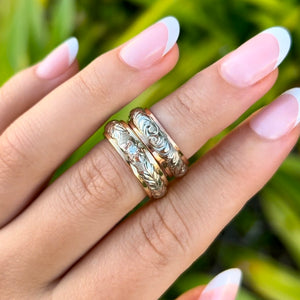 Two-Tone Scalloped Top 6mm Hawaiian Rings in 14K Gold