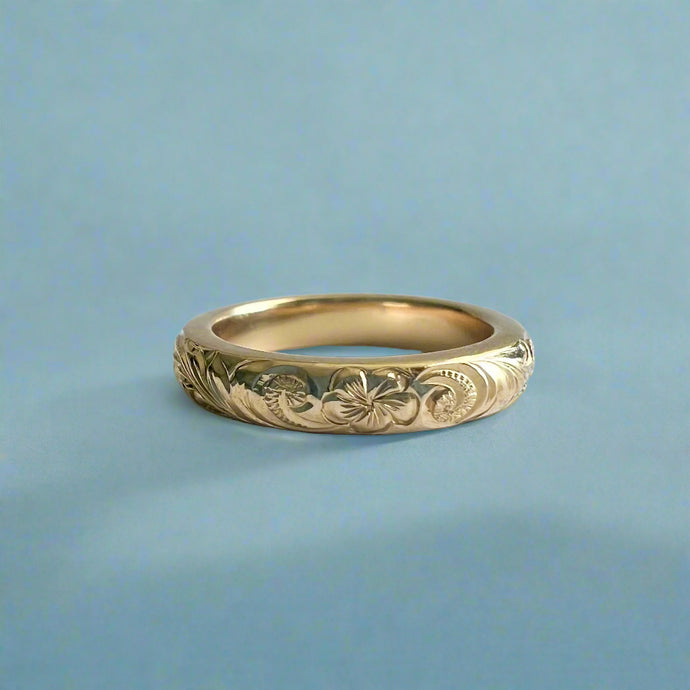 Old English & Flower 3mm Ring in 14K Yellow Gold