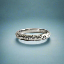 Load image into Gallery viewer, Old English &amp; Hibiscus 3mm Barrel Ring in 14K White Gold
