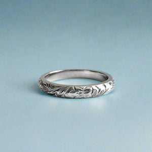 Old English & Hibiscus 3mm Barrel Ring in 14K White Gold