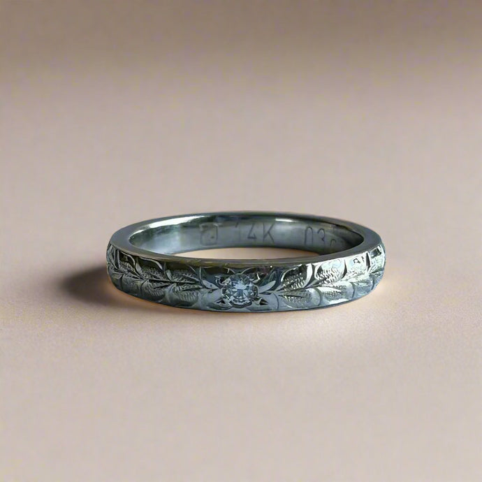 Maile & Hibiscus with Diamond 3mm Barrel Ring in 14K White Gold