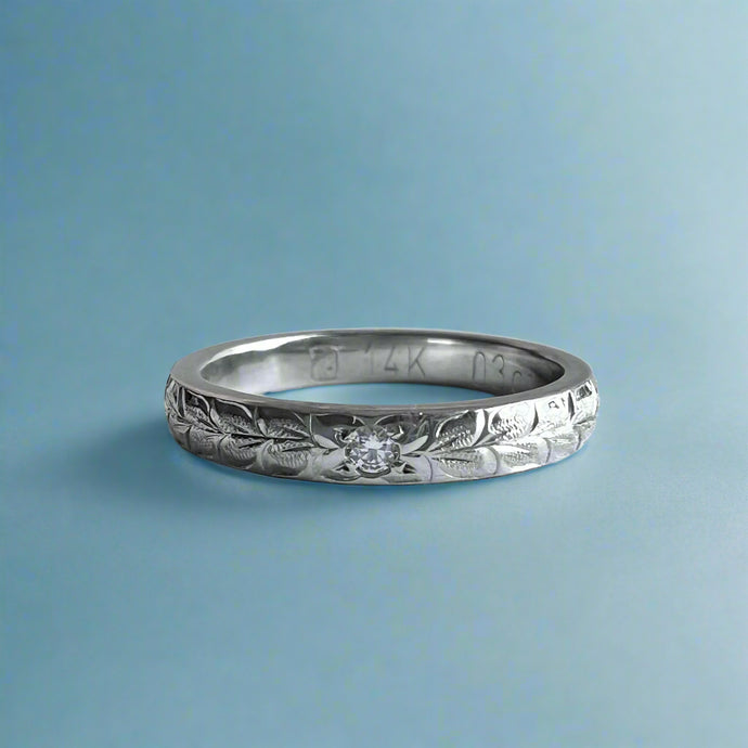 Maile & Hibiscus with Diamond 3mm Barrel Ring in 14K White Gold