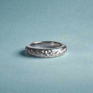 Maile & Plumeria 3mm Barrel Ring in 14K White Gold