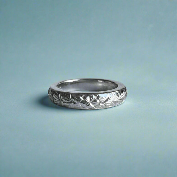 Maile & Plumeria 3mm Barrel Ring in 14K White Gold