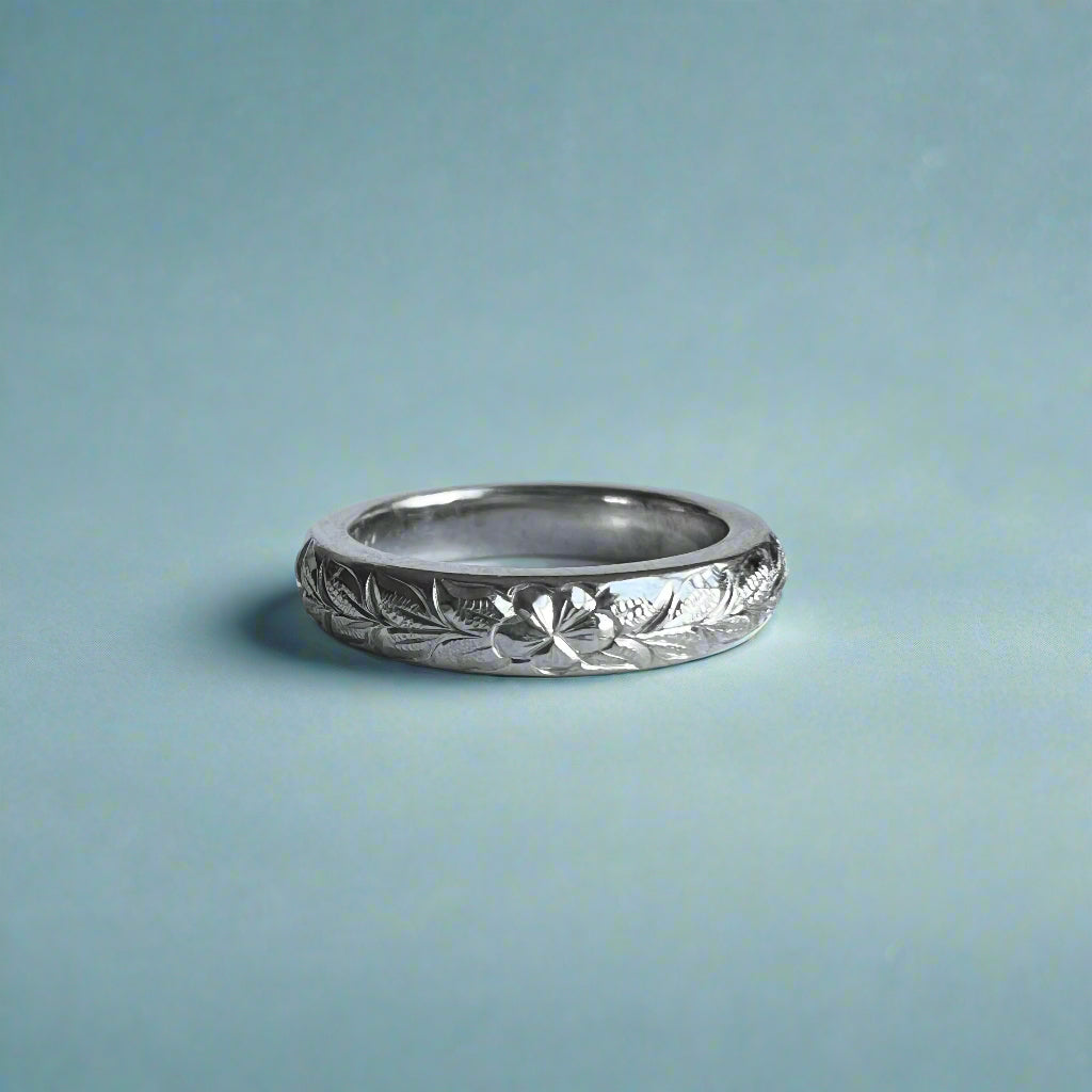 Maile & Plumeria 3mm Barrel Ring in 14K White Gold