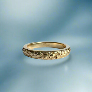 Hibiscus & Plumeria with Leaves 3mm Barrel Ring in 14K Yellow Gold